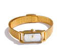 A gold stainless steel banded women's watch with a square dial and a digital display, featuring a gold case and a deployment buckle.