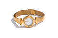 A gold-plated stainless steel watch with a digital display, featuring a textured bracelet-style band.